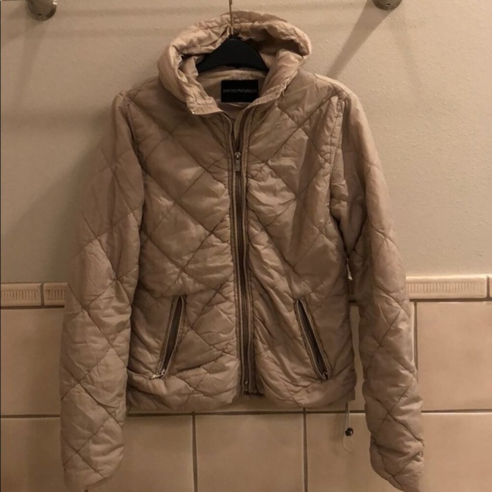 Emporio Armani hooded zip up light weight zip pocket crop quilted puffer coat